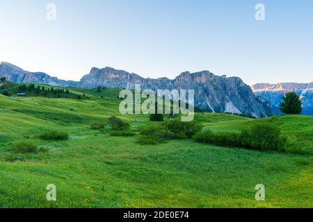 Paesaggio montano dolomitico all'alba dalla vetta del Seceda, Italia. Foto Stock