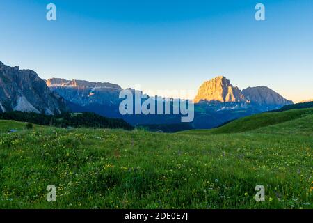 Paesaggio montano dolomitico all'alba dalla vetta del Seceda, Italia. Foto Stock