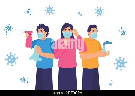 Concetto di persone che combattono il virus corona. Gruppo di persone si lavano le mani indossando maschere di protezione e disinfettando. Illustrazione Vettoriale