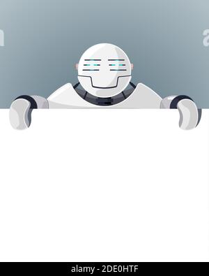 Il robot cartoon si trova dietro lo spazio vuoto per il poster per il testo. Personaggio bianco cyborg che tiene una lavagna bianca vuota per la presentazione. Banner informativo robotico Illustrazione Vettoriale