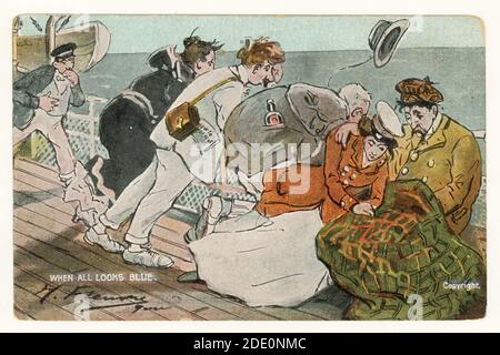 Cartolina fumettistica edoardiana originale dell'artista Hermann Fleury, passeggeri malati di mare sul ponte, 1906. Foto Stock