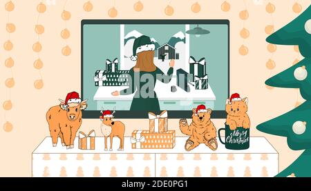 I giocattoli carini di Natale sono sul tavolo della TV. Il televisore mostra il film di Capodanno. Orso, gatto, cervo, mucca sono in Santa cappelli. Il gatto è nella tazza Illustrazione Vettoriale