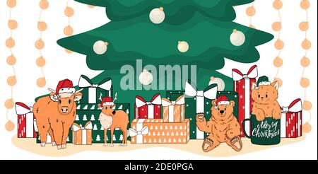 I giocattoli carini di Natale sono vicino albero di Natale verde. Orso, gatto, cervo, mucca sono in Santa cappelli. Il gatto è in tazza e ha il colore della pesca Illustrazione Vettoriale