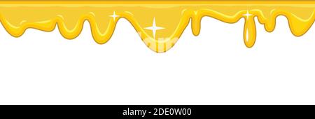 Flussi di liquido giallo. Miele. Vernice a flusso spesso. Crema dolce o muco. Le gocce slittano. Oggetto isolato su sfondo bianco. Telaio Illustrazione Vettoriale