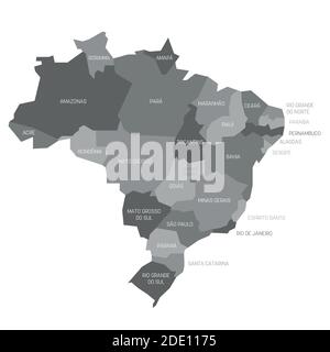 Mappa politica grigia del Brasile. Divisioni amministrative - stati. Semplice mappa vettoriale piatta con etichette. Illustrazione Vettoriale