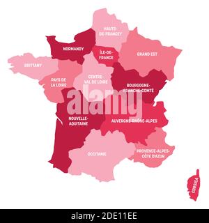 Mappa politica rosa della Francia. Divisioni amministrative - regioni metropolitane. Semplice mappa vettoriale piatta con etichette. Illustrazione Vettoriale