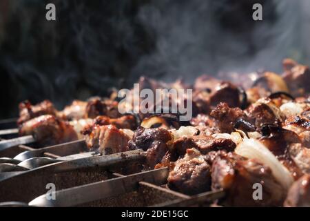 Shish kebab tostatura sul grill. Il barbecue party. Close-up. Foto Stock