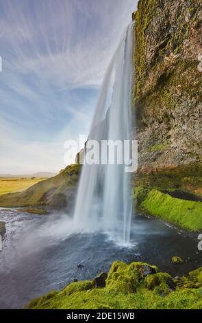 Una spettacolare cascata a strapiombo, le cascate Seljalandsfoss, vicino a Vik, vicino alla costa meridionale dell'Islanda, regioni polari Foto Stock