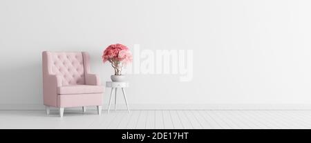 Parete in cemento bianco con poltrona rosa pastello, design interno minimal. rappresentazione 3d illustrazione 3d Foto Stock