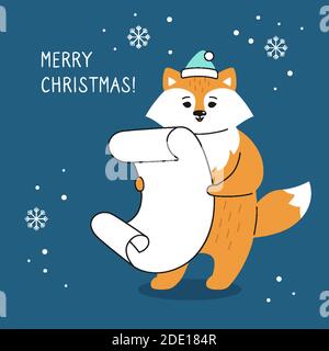Biglietto di auguri natalizi, volpe con lista dei desideri. Fumetto divertente disegnato a mano New Year rosso volpe personaggio di natale. Felice anno nuovo, Buon Natale. Vettore animale Illustrazione Vettoriale