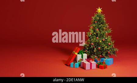 Sfondo del concetto di Natale. Albero di Natale con scatole regalo su sfondo rosso. Rendering 3D digitale. Foto Stock