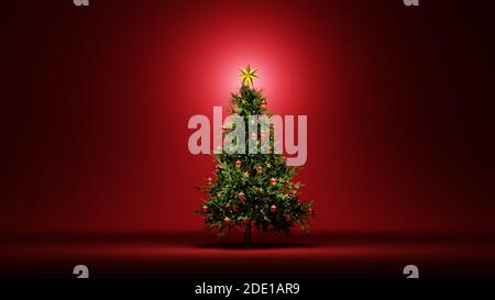 Natale sfondo stagionale. Albero di Natale su sfondo rosso. Rendering 3D digitale. Foto Stock