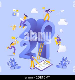 Felice anno nuovo 2021. 2021 illustrazione del concetto degli obiettivi aziendali. I marketers che fanno l'introduzione sul mercato dei mezzi sociali, alla ricerca di nuove occasioni, volando sul razzo un Illustrazione Vettoriale