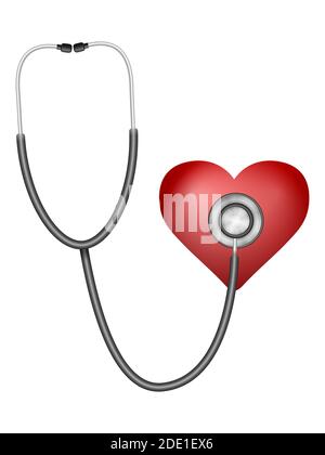 Stetoscopio e cuore su sfondo bianco. Illustrazione vettoriale. Foto Stock