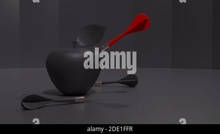Una freccetta rossa ha colpito una mela scura mentre un paio di freccette nere si stese a terra. Colpire il bersaglio. Illustrazione 3D con rendering con copia. Con spazio per la copia. Foto Stock
