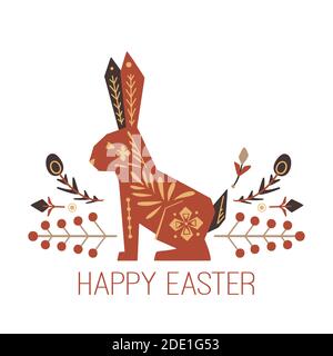 Buona Pasqua. Cartolina di Pasqua del quadrato festivo con coniglio, motivo di decorazione tribale floreale e scritta su uno sfondo bianco. Biglietto d'auguri Vector boho Illustrazione Vettoriale