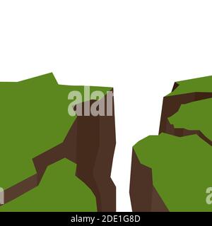 Vettore flat illustrazione di un terremoto. Spaccature e crepe. Guasti nel terreno. Disastro naturale. Cataclisma moderno. Burrone e rocce sulla parte posteriore bianca Illustrazione Vettoriale