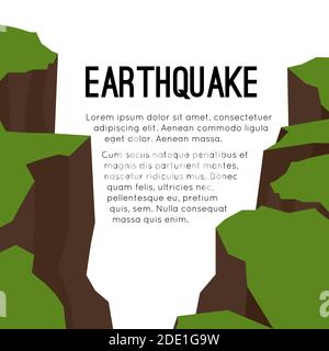 Scheda flat vettoriale con terremoto e spazio per il testo. Spaccature e crepe. Guasti nel terreno. Disastro naturale. Cataclisma moderno. Burrone e rocce. Te Illustrazione Vettoriale