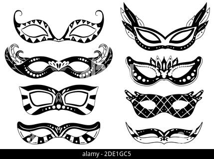 Set di maschere carnevale nero con varie decorazioni. Stampa oggetto vacanza per mascherata. Festival vestirsi per il viso. Oggetto vettore se Illustrazione Vettoriale