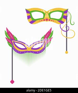Set di maschere carnevale Mardi Gras con varie decorazioni sul bastone. Oggetto vacanza disegnato a mano piatta. Festival vestirsi per il viso. oggetto vettore sepa Illustrazione Vettoriale
