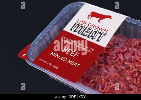 Concetto di carne coltivata in laboratorio per cellule artificiali in vitro produzione di carne di coltura con carne di manzo macinata grezza imballata con etichetta composta su sfondo scuro Foto Stock