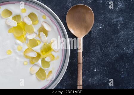 Piatto tradizionale spagnolo, zuppa fredda ajo blanco o ajollanco di aglio, mandorle, aceto di vino bianco, olio d'oliva e uva verde in un recipiente con un cucchiaio Foto Stock