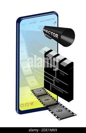 concetto di cinema online all'interno di uno smartphone. Altoparlanti, clapperboard e film di registi sono immersi nello schermo. Immagine realistica di porta Illustrazione Vettoriale