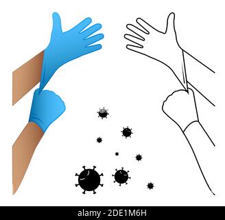 il medico mette i guanti di lattice sulle sue mani. Proteggere la salute da agenti patogeni e sostanze nocive. Prevenzione della diffusione della malattia. Vettore isolato Illustrazione Vettoriale