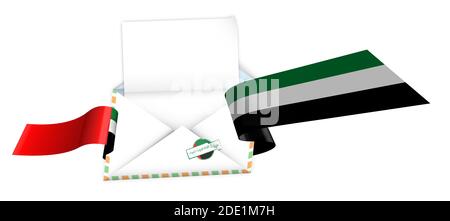 Concept, busta aperta con foglio di carta vuoto avvolto in un nastro festivo lucido con elementi della bandiera degli Emirati Arabi Uniti. Iscrizione APPROVATA sul timbro. Congratulat Illustrazione Vettoriale
