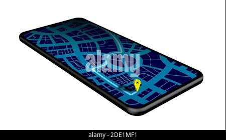 Design del layout blu scuro della pagina dell'app mobile. Navigazione GPS. Smartphone realistico e dettagliato con mappa della città, checkpoint e percorso in taxi. Vettore su un wh Illustrazione Vettoriale