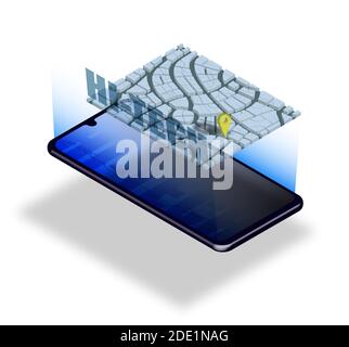 Installazione olografica 3D, moderne applicazioni e tecnologie mobili. Instradamento GPS. Proiezione della mappa della città con checkpoint. Vettore su bianco Illustrazione Vettoriale