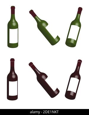 Bottiglie di vino traslucide in vetro, illustrazione 3D multicolore su sfondo trasparente, isolate Illustrazione Vettoriale