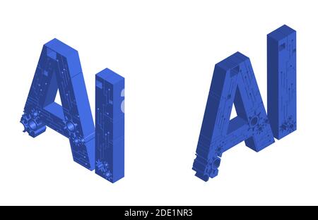lettere di intelligenza artificiale, segno di in isometria. Vettore isolato su sfondo bianco Illustrazione Vettoriale