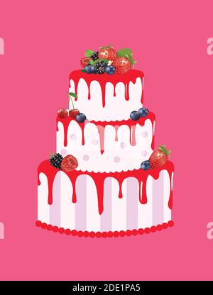Grande torta di compleanno con frutti di bosco. Illustrazione vettoriale Illustrazione Vettoriale