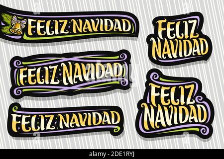 Vector Set for Merry Christmas in Spanish language, 5 loghi scuri isolati con testo spagnolo - feliz navidad (buon natale), fiori decorativi, Illustrazione Vettoriale
