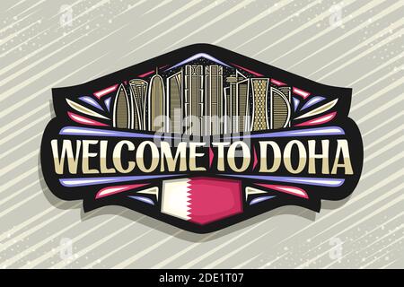 Logo vettoriale per Doha, etichetta decorativa nera con illustrazione di linea del paesaggio futuristico Doha città su sfondo crepuscolo cielo, art design turistico frigo magn Illustrazione Vettoriale