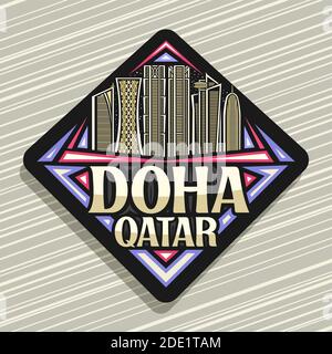 Logo vettoriale per Doha, nero rombus segnale stradale con linea illustrazione di futuristico doha città paesaggio su sfondo crepuscolo cielo, art design turistico frigorifero m Illustrazione Vettoriale
