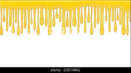 Flussi di liquido giallo. Miele. Vernice a flusso spesso. Crema dolce o muco. Le gocce slittano. Oggetto isolato su sfondo bianco. Telaio Illustrazione Vettoriale