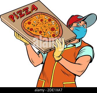 Ragazzo consegna pizza in una maschera medica Illustrazione Vettoriale