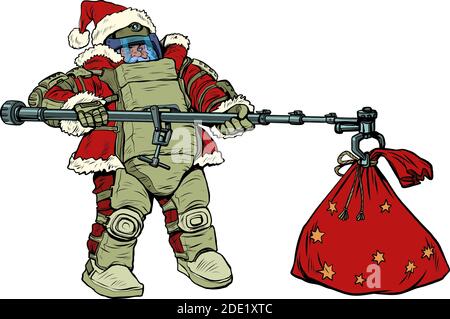 Babbo Natale in tuta protettiva e regali. Natale e Capodanno. Personaggio fiaba umoristico illustrazione Illustrazione Vettoriale