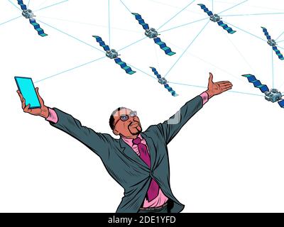 Uomo d'affari nero e Internet satellitare globale. Isolare su uno sfondo bianco Illustrazione Vettoriale
