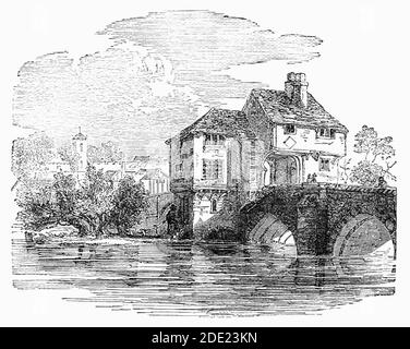 Un disegno del 19 ° secolo della vecchia prigione di Bedford, costruita sul ponte sul fiume Ouse. Fu qui che John Bunyan fu imprigionato nel 1661 per la predicazione illegale e durante la sua sentenza di 12 anni scrisse 'progressi di Pilgrim' Foto Stock