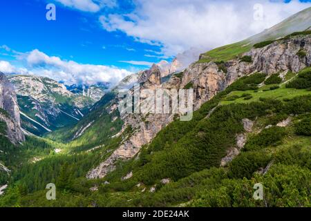 Si affaccia su una profonda valle boscosa a V verso le spettacolari tre Cime nelle Dolomiti del Nord Italia Foto Stock