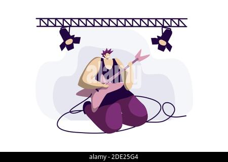 Giovane musicista, membro della band che suona la chitarra elettrica, donna con iroquois, chitarrista solista, spettacolo di musica rock punk. Concerto di metallo, spettacolo di scena conce Illustrazione Vettoriale