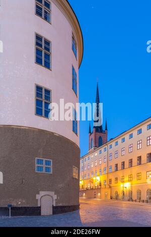 View of Riddarholmen Church at dusk, Riddarholmen, Stockholm, Sweden, Scandinavia, Europe Stock Photo