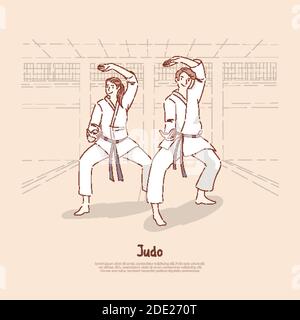 Giovani in kimono formazione in dojo, allenatore e studente, uomo e donna pratica karate, auto-difesa classi banner. Judo, arte marziale orientale Illustrazione Vettoriale