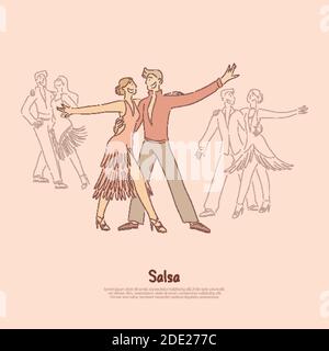 Appassionato uomo e donna che esegue salsa, giovani artisti professionisti, scuola di ballo banner. Concept cart di intrattenimento latino-americano tradizionale Illustrazione Vettoriale