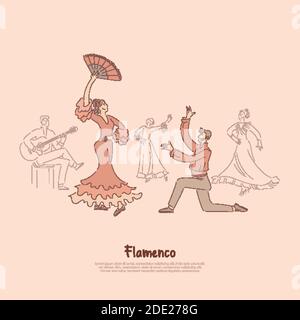 Ballerini professionisti, elegante donna in abito rosso che esegue flamenco, danza tradizionale spagnola, banner spettacolo di intrattenimento. Cultura spagnola, numero d'arte Illustrazione Vettoriale