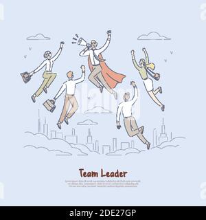 Supereroe a cape, felice uomo d'affari che tiene il megafono, i dipendenti seguono il capo, bandiera riuscita del capo del team. Capacità di leadership, uomini d'affari concep Illustrazione Vettoriale