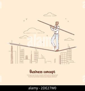 Uomo d'affari coraggioso, bastone di tenuta del camminatore tightrope, posizione di carriera instabile, bandiera di equilibrio e di concentrazione. Lavoro pericoloso, concetto di rischio aziendale c Illustrazione Vettoriale